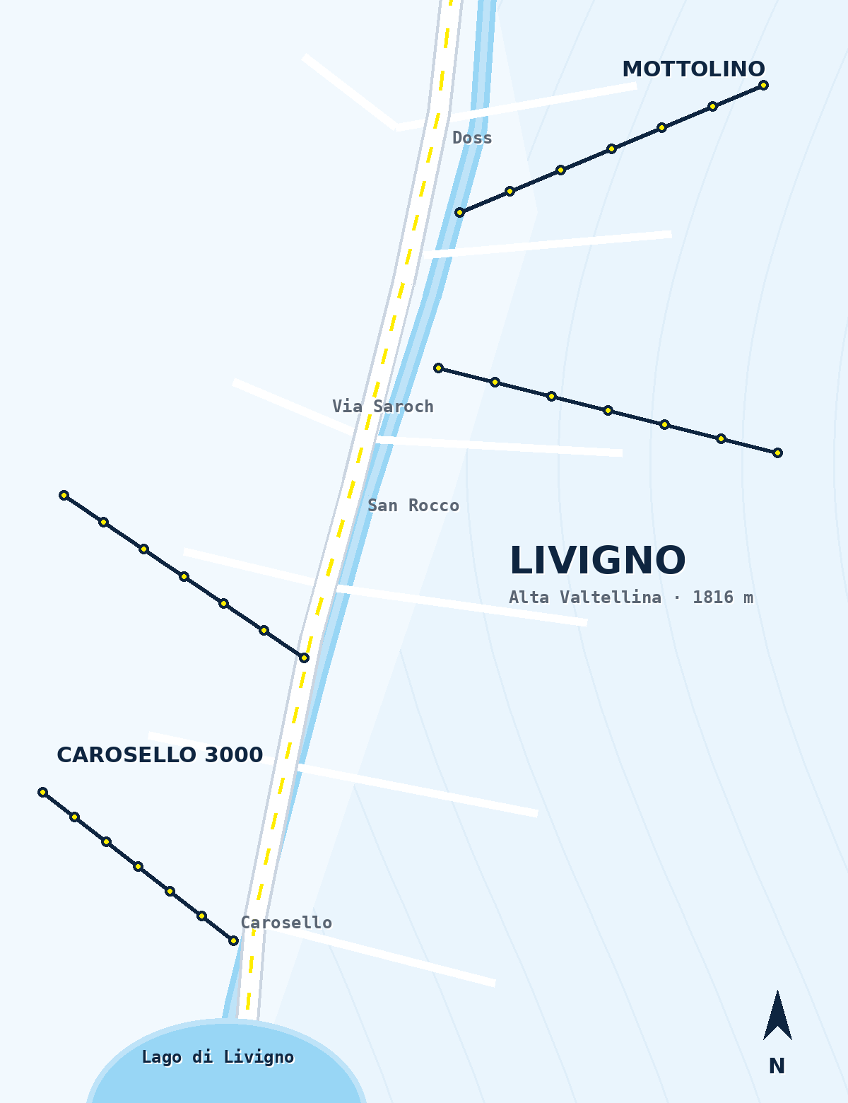 Kort over Livigno med de 3 Skialo-butikker: Doss, San Rocco og Carosello 3000